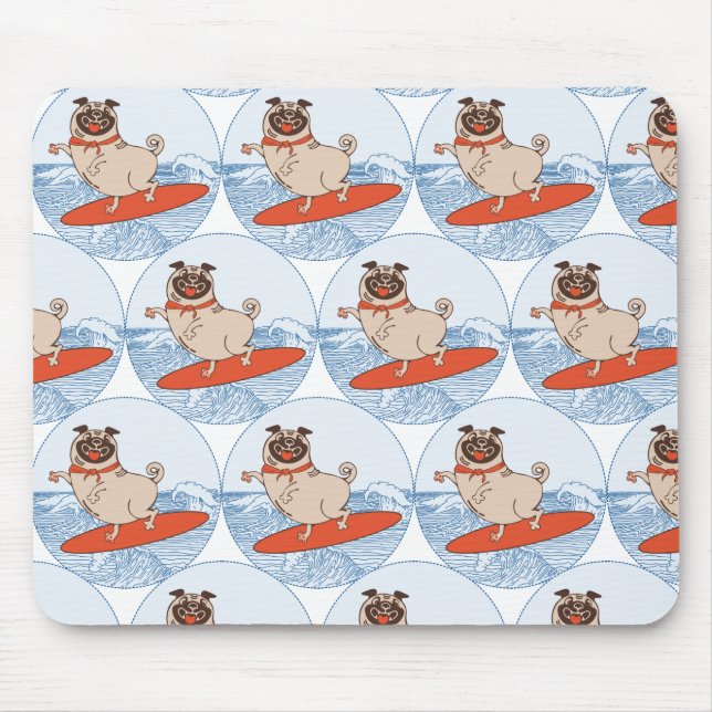 Wave riding happy pug dog on surfboard  mouse mat (Front)