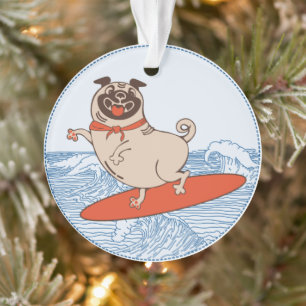 Wave riding happy pug dog on surfboard ornament