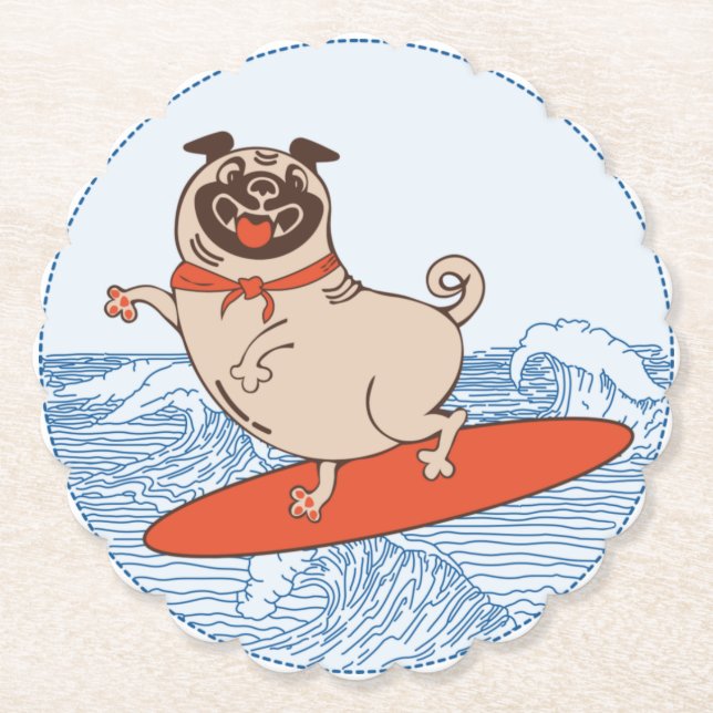 Wave riding happy pug dog on surfboard  paper coaster (Front)