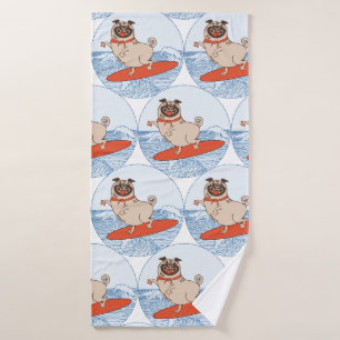 Wave riding happy pug dog on surfboard  scarf band bath towel