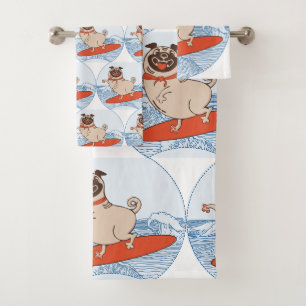 Wave riding happy pug dog on surfboard scarf band bath towel set