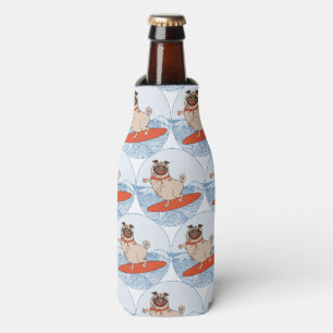 Wave riding happy pug dog on surfboard scarf band bottle cooler
