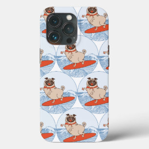Wave riding happy pug dog on surfboard scarf band iPhone 13 pro case