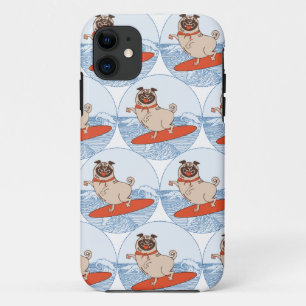 Wave riding happy pug dog on surfboard  scarf band iPhone 11 case