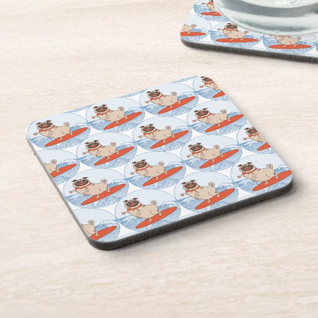 Wave riding happy pug dog on surfboard  scarf band coaster (Left Side)