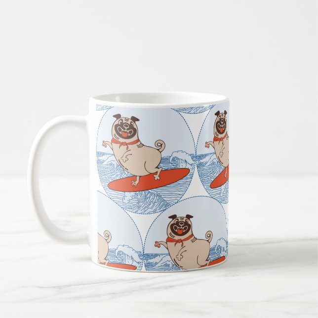 Wave riding happy pug dog on surfboard  scarf band coffee mug (Left)