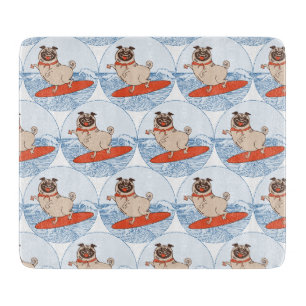 Wave riding happy pug dog on surfboard scarf band cutting board