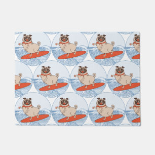 Wave riding happy pug dog on surfboard scarf band doormat