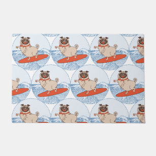 Wave riding happy pug dog on surfboard  scarf band doormat