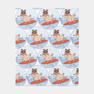 Wave riding happy pug dog on surfboard  scarf band fleece blanket