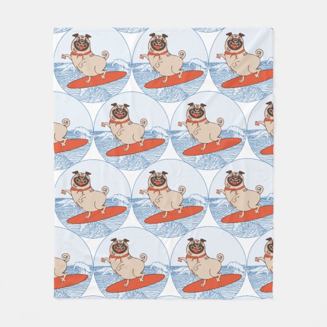 Wave riding happy pug dog on surfboard  scarf band fleece blanket (Front)