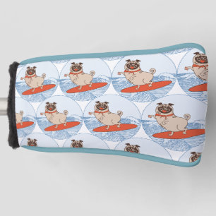 Wave riding happy pug dog on surfboard  scarf band golf head cover