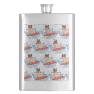 Wave riding happy pug dog on surfboard scarf band hip flask