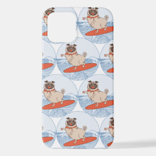 Wave riding happy pug dog on surfboard scarf band iPhone 12 case