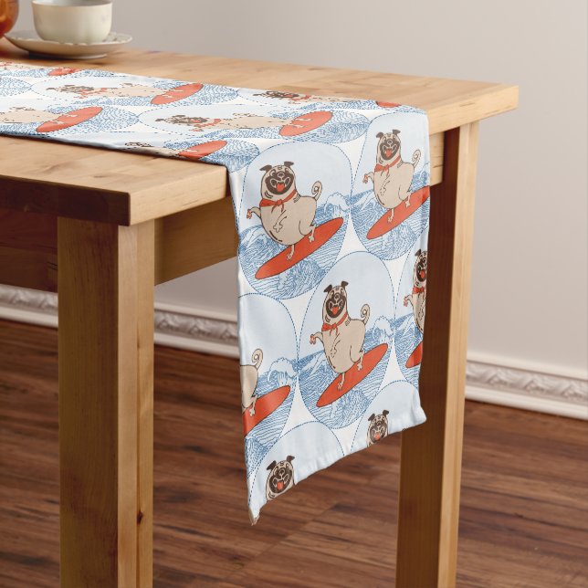 Wave riding happy pug dog on surfboard  scarf band medium table runner (In Situ)