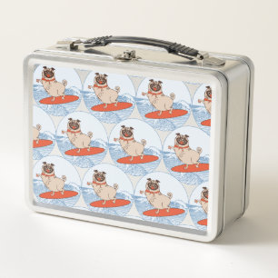 Wave riding happy pug dog on surfboard  scarf band metal lunch box