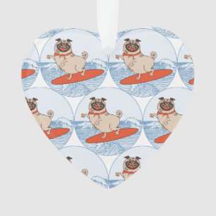 Wave riding happy pug dog on surfboard  scarf band ornament