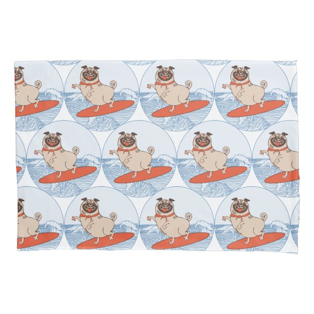 Wave riding happy pug dog on surfboard  scarf band pillowcase (Front)