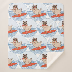 Wave riding happy pug dog on surfboard  scarf band sherpa blanket