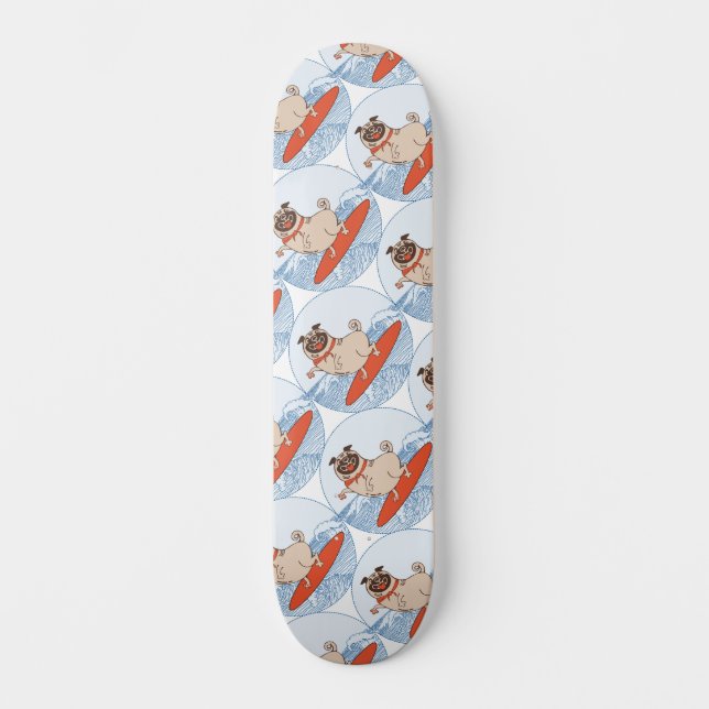 Wave riding happy pug dog on surfboard  scarf band skateboard (Front)