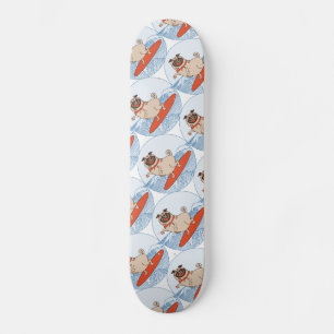 Wave riding happy pug dog on surfboard  scarf band skateboard