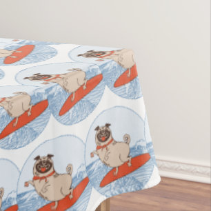Wave riding happy pug dog on surfboard  scarf band tablecloth