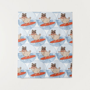 Wave riding happy pug dog on surfboard  scarf band tapestry