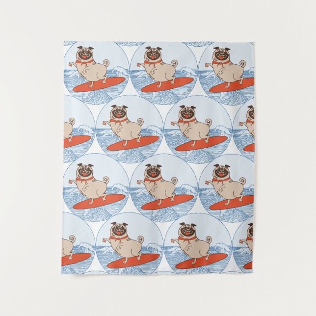 Wave riding happy pug dog on surfboard  scarf band tapestry (Front)