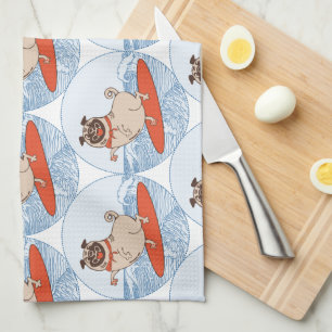 Wave riding happy pug dog on surfboard  scarf band tea towel