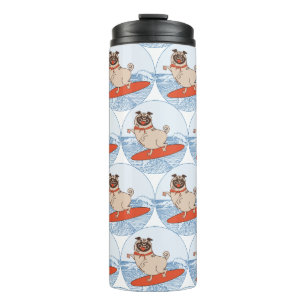 Wave riding happy pug dog on surfboard  scarf band thermal tumbler