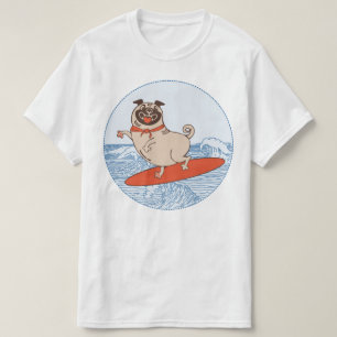 Wave riding happy pug dog on surfboard  T-Shirt