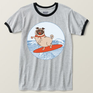 Wave riding happy pug dog on surfboard T-Shirt