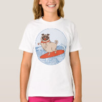 Wave riding happy pug dog on surfboard  T-Shirt
