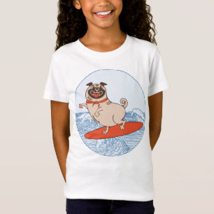 Wave riding happy pug dog on surfboard  T-Shirt
