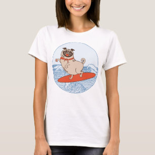 Wave riding happy pug dog on surfboard  T-Shirt