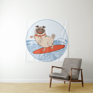 Wave riding happy pug dog on surfboard  tapestry