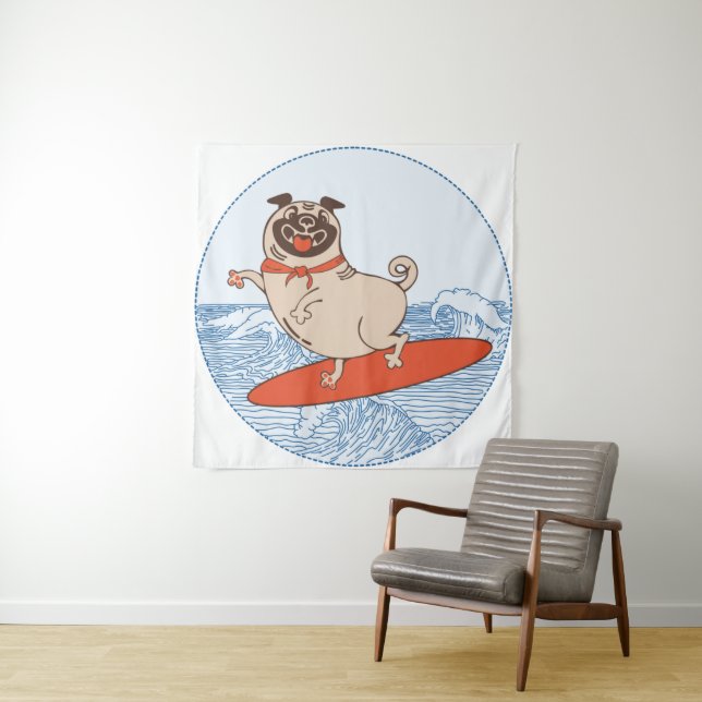 Wave riding happy pug dog on surfboard  tapestry (In Situ)