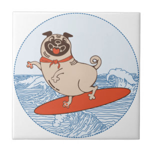 Wave riding happy pug dog on surfboard tile