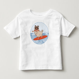 Wave riding happy pug dog on surfboard toddler T-Shirt