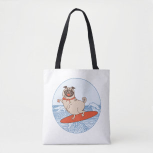 Wave riding happy pug dog on surfboard tote bag