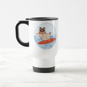 Wave riding happy pug dog on surfboard travel mug