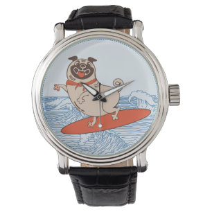 Wave riding happy pug dog on surfboard  watch