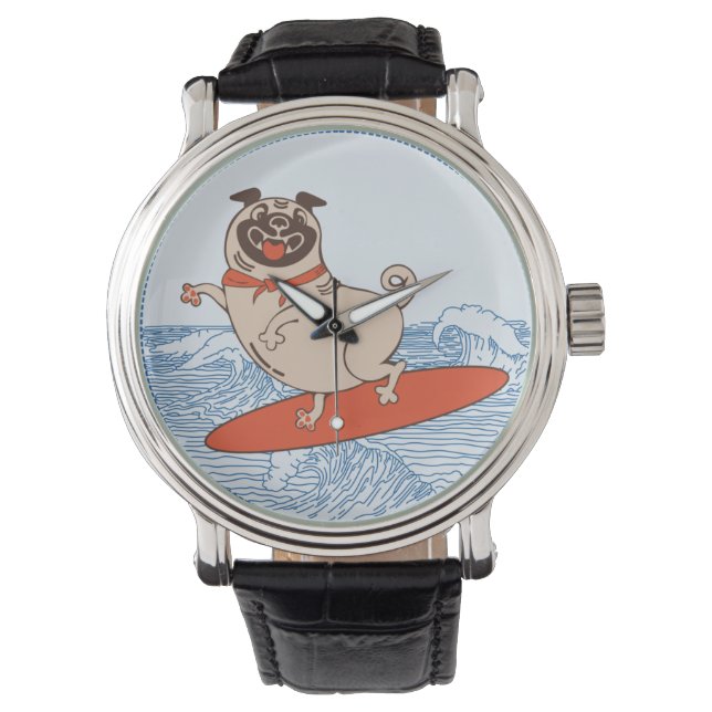 Wave riding happy pug dog on surfboard  watch (Front)