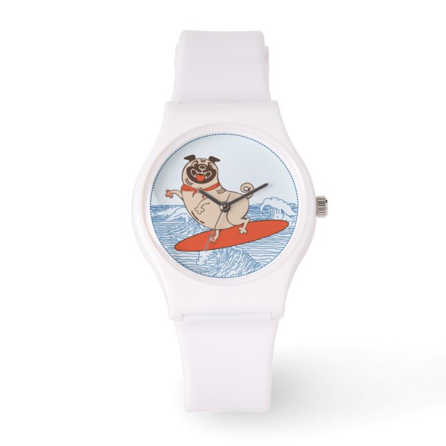 Wave riding happy pug dog on surfboard   watch (Front)