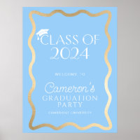Wave Sky Blue Gold Graduation Party Welcome