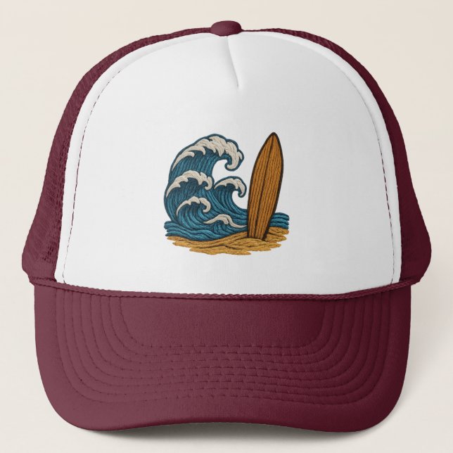 Wave & Surfboard Trucker Hat (Front)