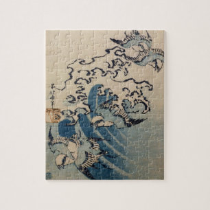 Waves and Birds, c.1825 (colour woodblock print) Jigsaw Puzzle