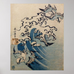 Waves and Birds, c.1825 (colour woodblock print) Poster