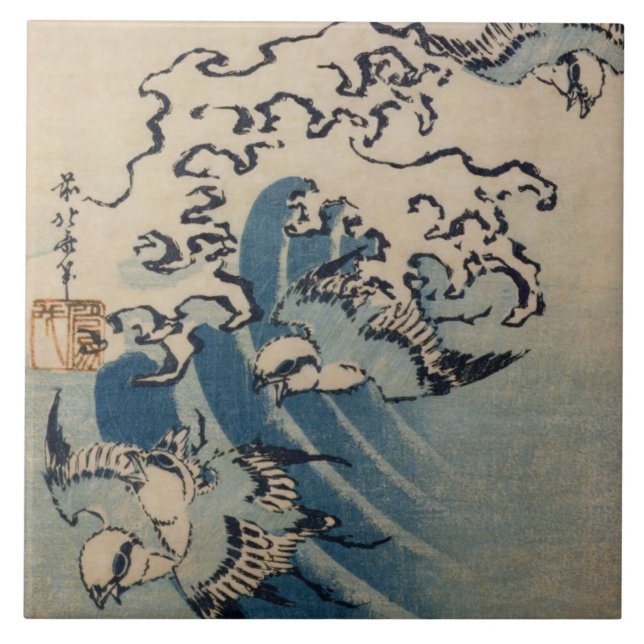Waves and Birds, c.1825 (colour woodblock print) Tile (Front)