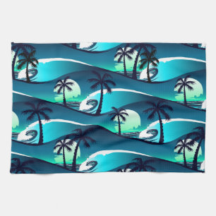 Waves and palm trees tea towel